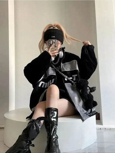 Y2K BLACK RACING JACKET WITH CHAIN AND PLUSH TOY