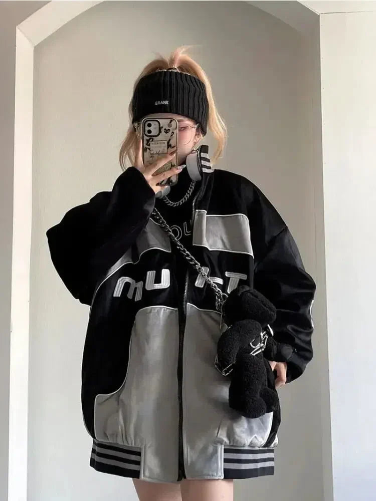 Y2K BLACK RACING JACKET WITH CHAIN AND PLUSH TOY