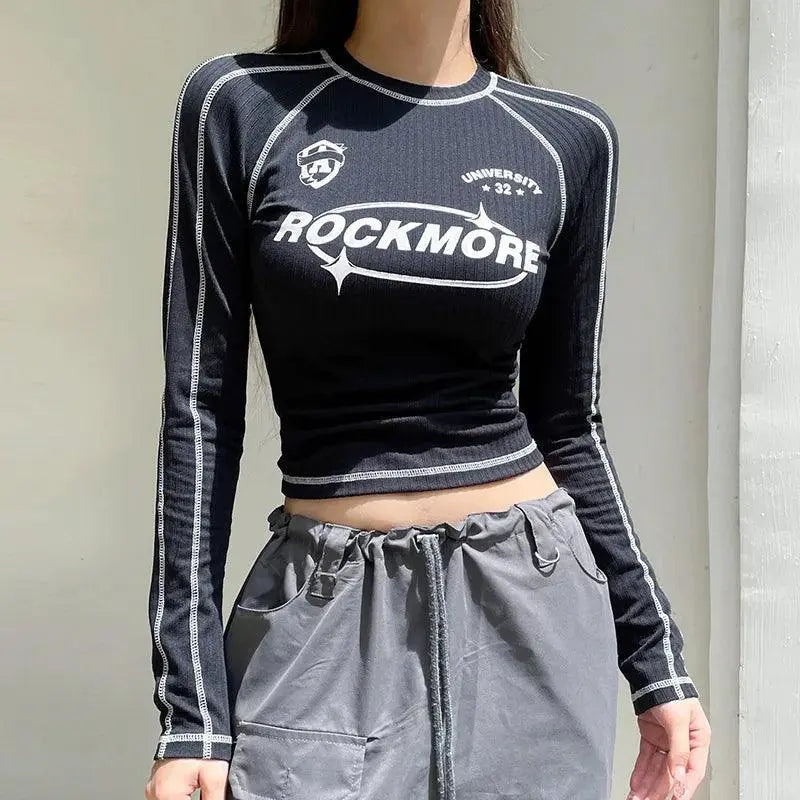 Y2K LONG SLEEVE CROP TOP IN BLACK