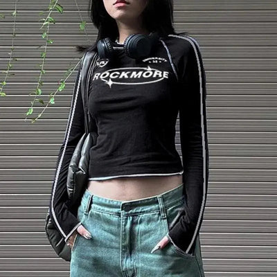 Y2K LONG SLEEVE CROP TOP IN BLACK