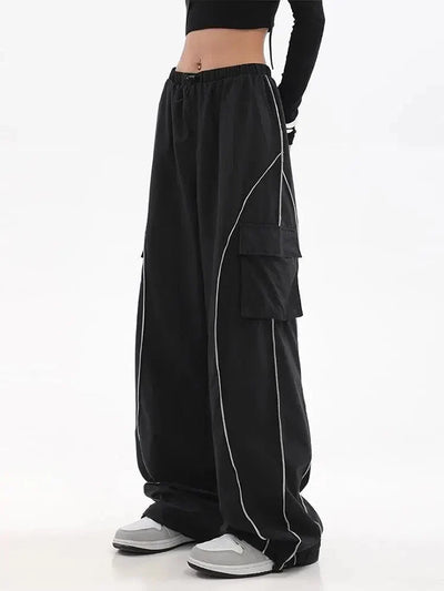 Y2K WOMEN BLACK CARGO PANTS WITH WHITE PIPING Y2K FASHION ESSENTIALS