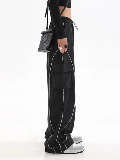 Y2K WOMEN BLACK CARGO PANTS WITH WHITE PIPING Y2K FASHION ESSENTIALS