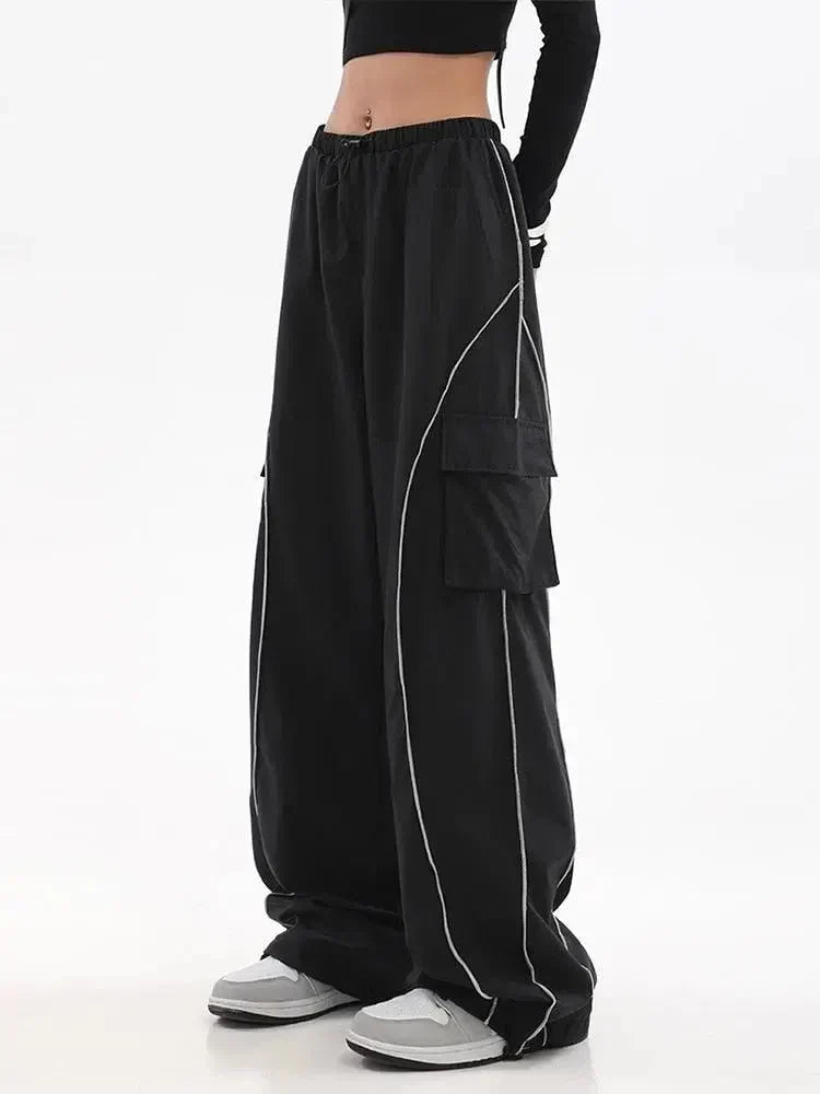 Y2K WOMEN BLACK CARGO PANTS WITH WHITE PIPING Y2K FASHION ESSENTIALS