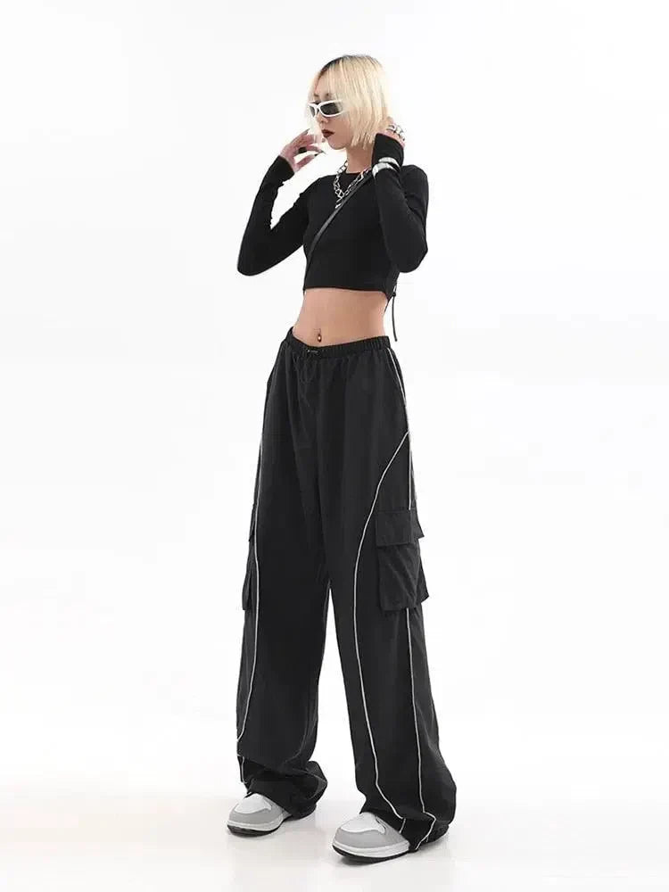 Y2K WOMEN BLACK CARGO PANTS WITH WHITE PIPING Y2K FASHION ESSENTIALS