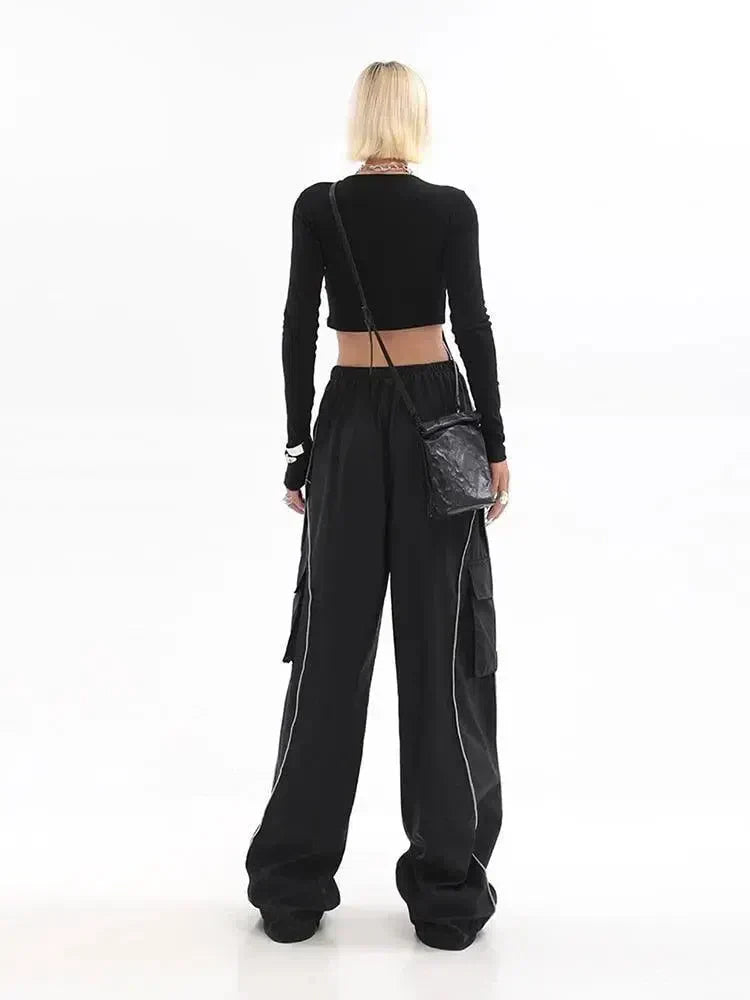 Y2K WOMEN BLACK CARGO PANTS WITH WHITE PIPING Y2K FASHION ESSENTIALS