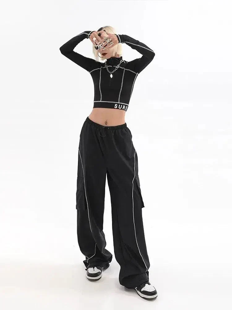 Y2K WOMEN BLACK CARGO PANTS WITH WHITE PIPING Y2K FASHION ESSENTIALS