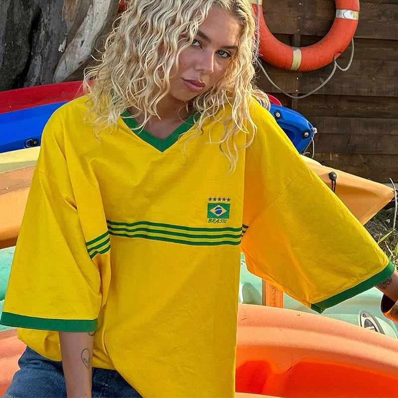 YELLOW BRAZIL SOCCER JERSEY Y2K PRINT CROP