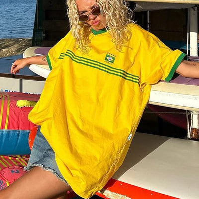 YELLOW BRAZIL SOCCER JERSEY Y2K PRINT CROP