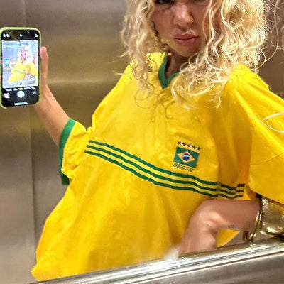 YELLOW BRAZIL SOCCER JERSEY Y2K PRINT CROP