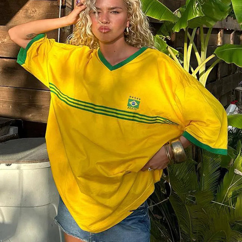 YELLOW BRAZIL SOCCER JERSEY Y2K PRINT CROP