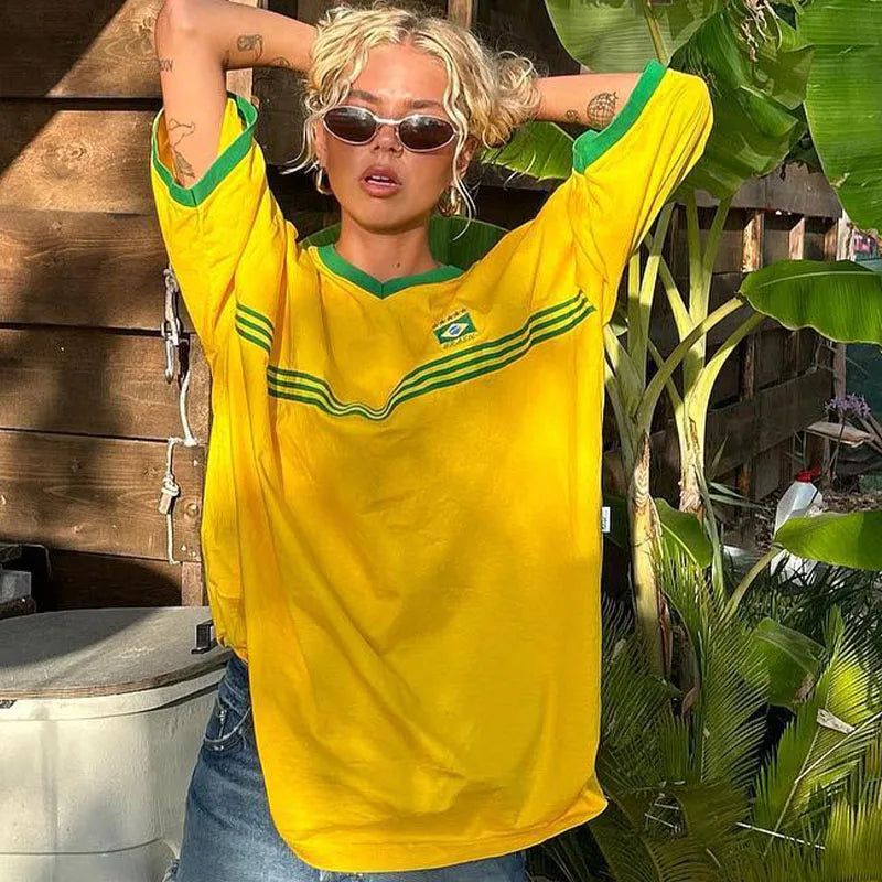 YELLOW BRAZIL SOCCER JERSEY Y2K PRINT CROP