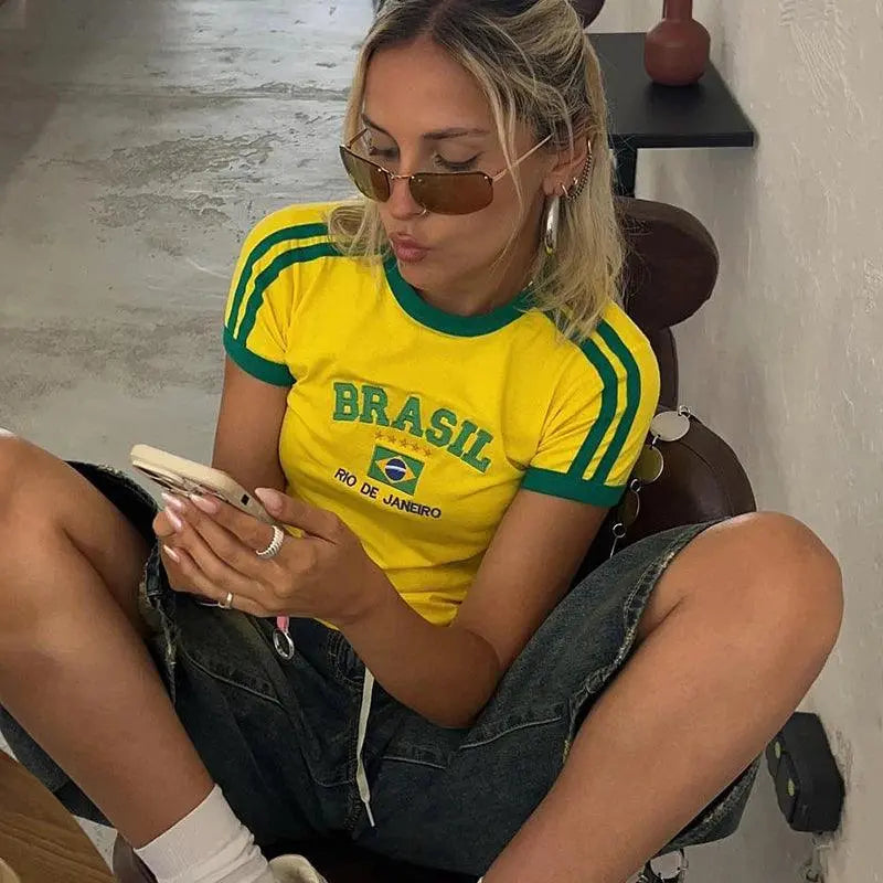 YELLOW BRAZIL T-SHIRT WITH Y2K LETTER PRINT