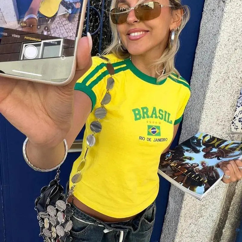 YELLOW BRAZIL T-SHIRT WITH Y2K LETTER PRINT
