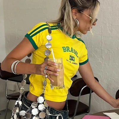 YELLOW BRAZIL T-SHIRT WITH Y2K LETTER PRINT