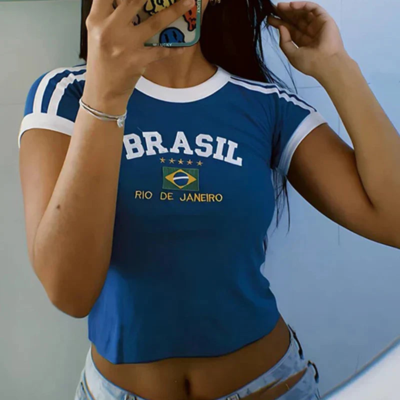 YELLOW BRAZIL T-SHIRT WITH Y2K LETTER PRINT