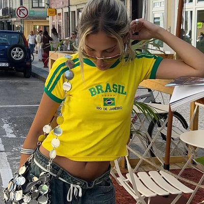 YELLOW BRAZIL T-SHIRT WITH Y2K LETTER PRINT