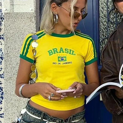 YELLOW BRAZIL T-SHIRT WITH Y2K LETTER PRINT